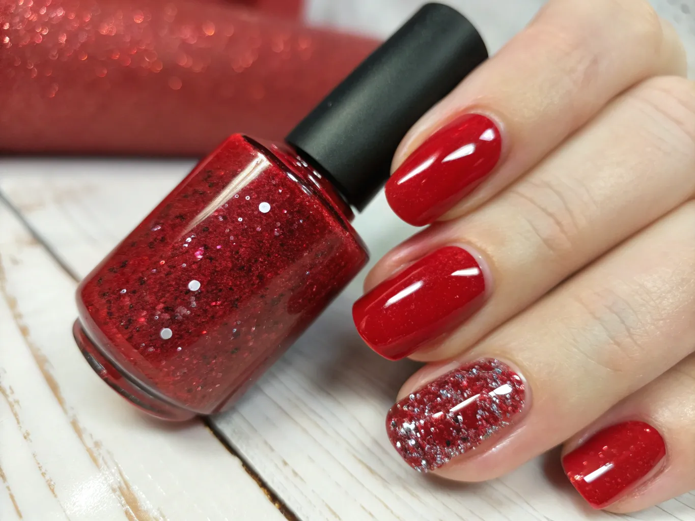 Rød gel polish med glitter top coat