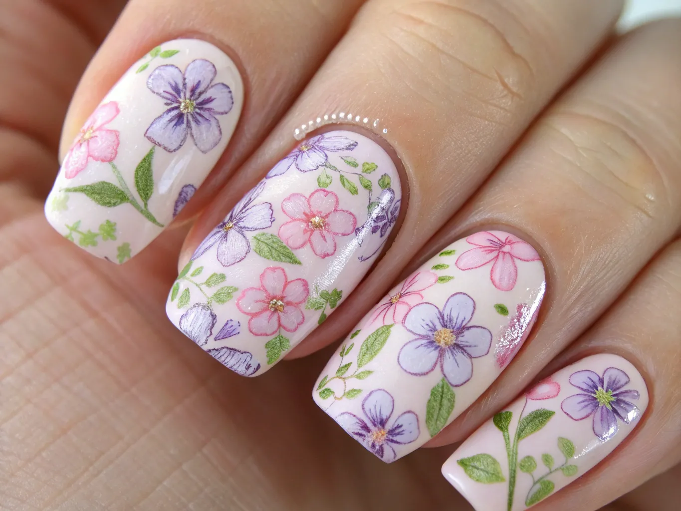 Delikat blomstermønster negledesign